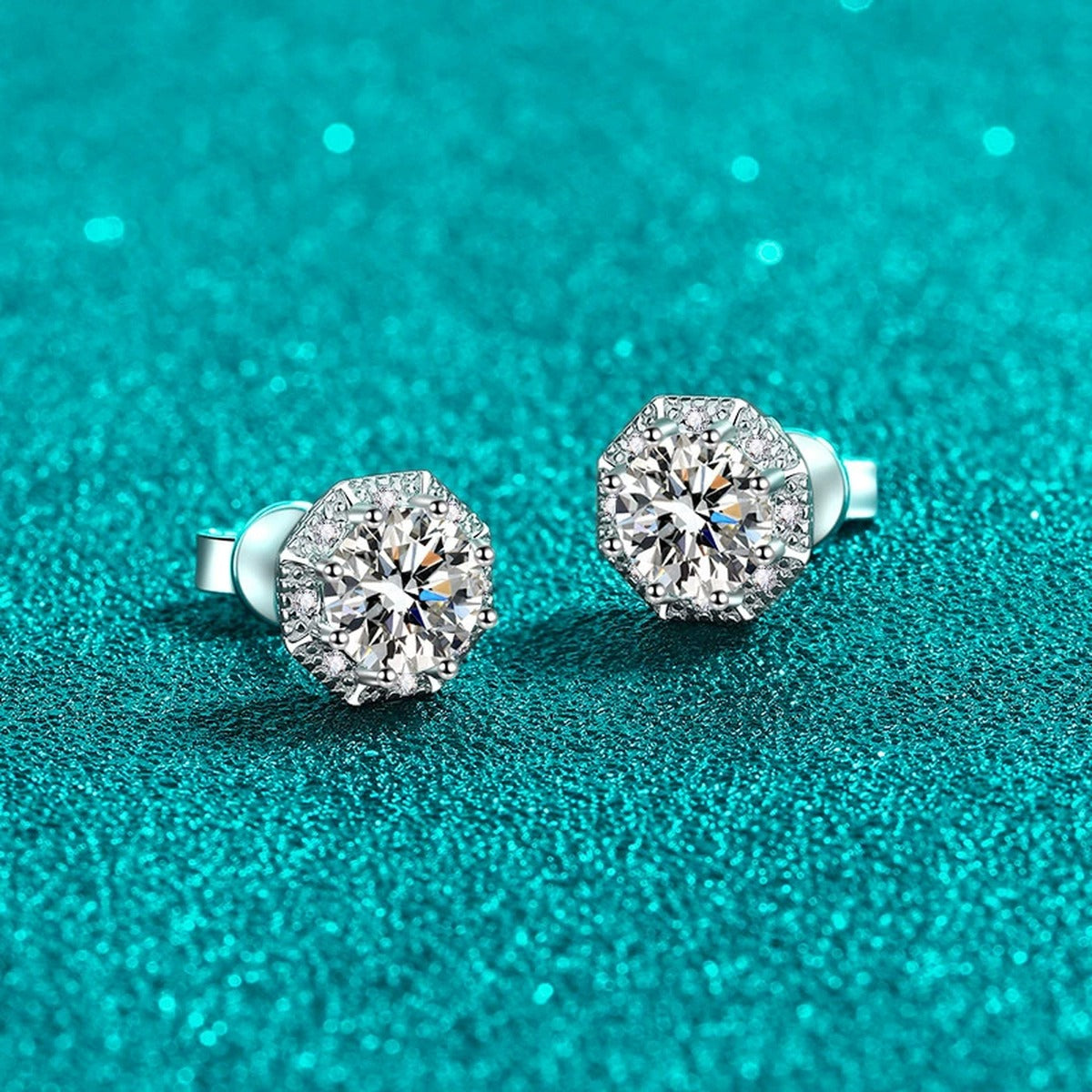 Round Halo Moissanite Stud Earrings with CZ in Rhodium-Plated S925 sterling silver product scene view showing side profile