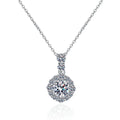 Round Halo Moissanite Pendant Necklace with CZ in Rhodium-Plated S925 sterling silver white background product photo showing round halo pendant with a bright moissanite center and CZ frame
