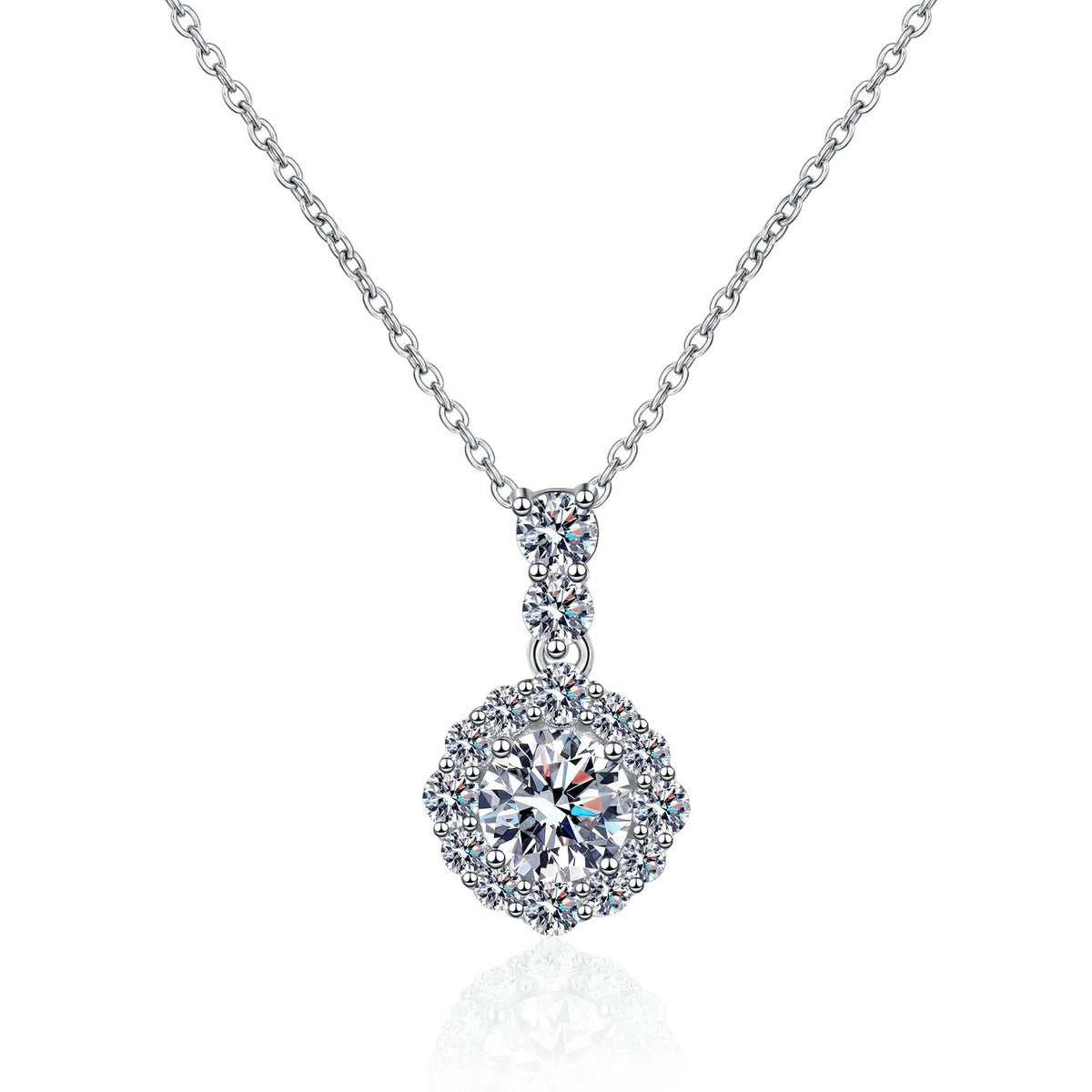 Round Halo Moissanite Pendant Necklace with CZ in Rhodium-Plated S925 sterling silver white background product photo showing round halo pendant with a bright moissanite center and CZ frame