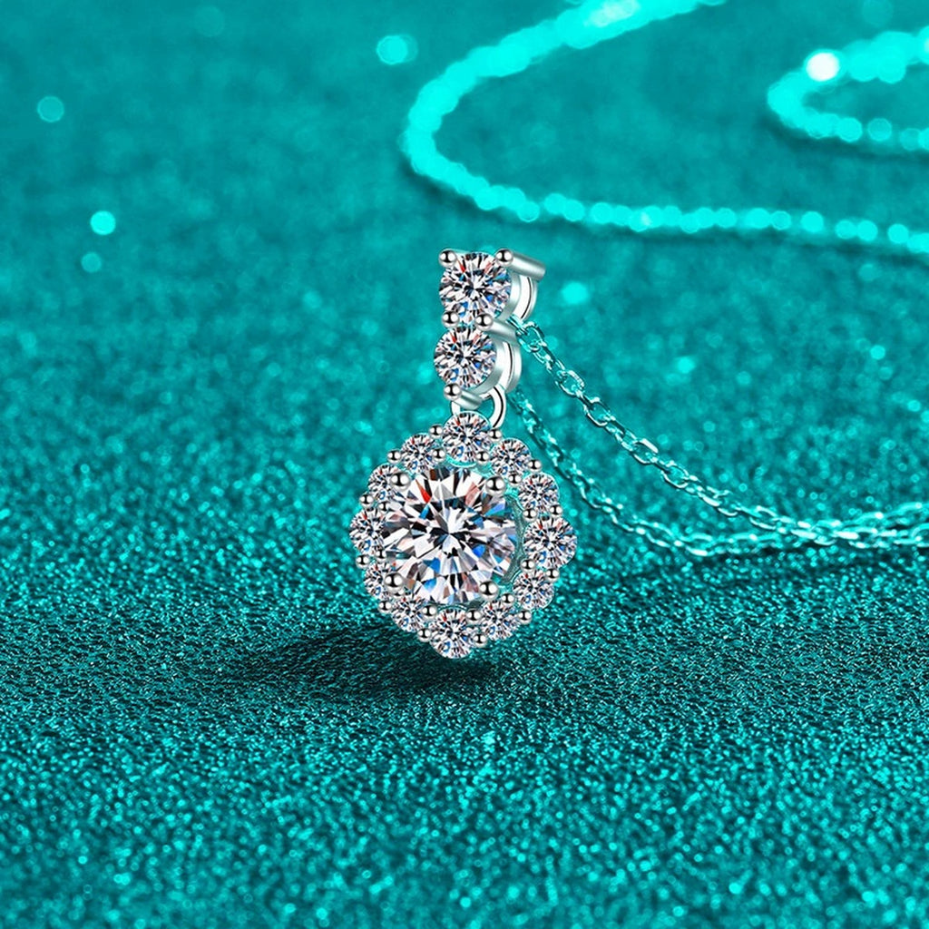 Round Halo Moissanite Pendant Necklace with CZ in Rhodium-Plated S925 sterling silver close-up product scene showing pendant setting