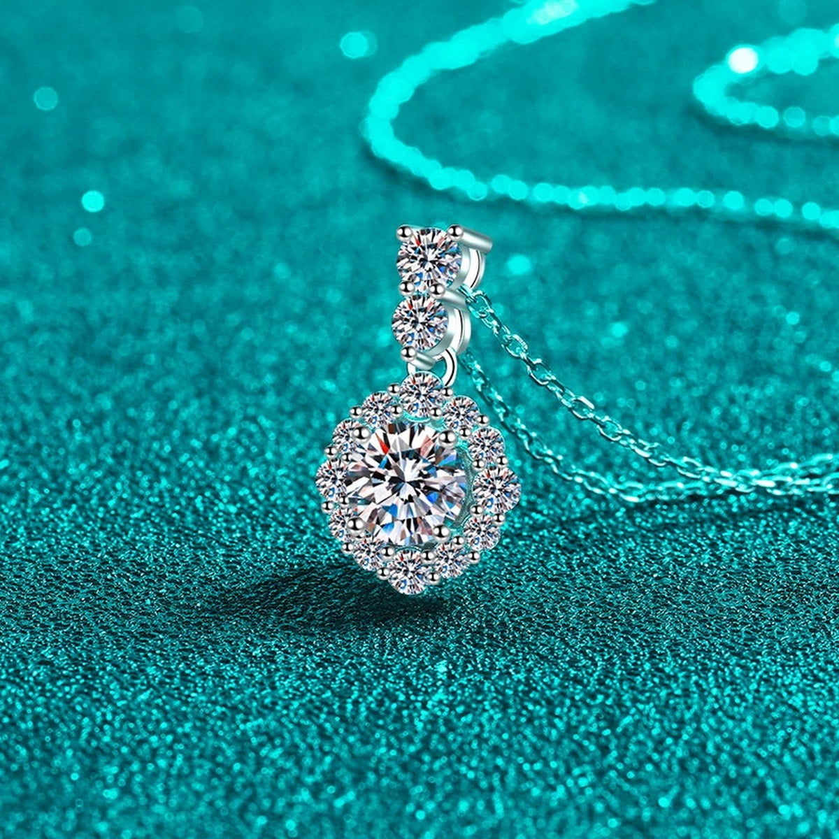 Round Halo Moissanite Pendant Necklace with CZ in Rhodium-Plated S925 sterling silver close-up product scene showing pendant setting