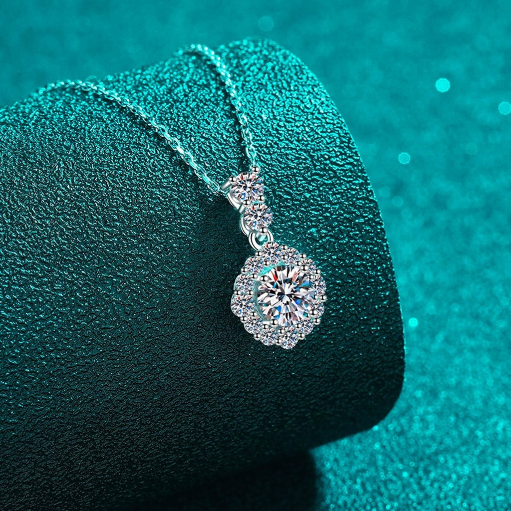 Round Halo Moissanite Pendant Necklace with CZ in Rhodium-Plated S925 sterling silver angled product detail view