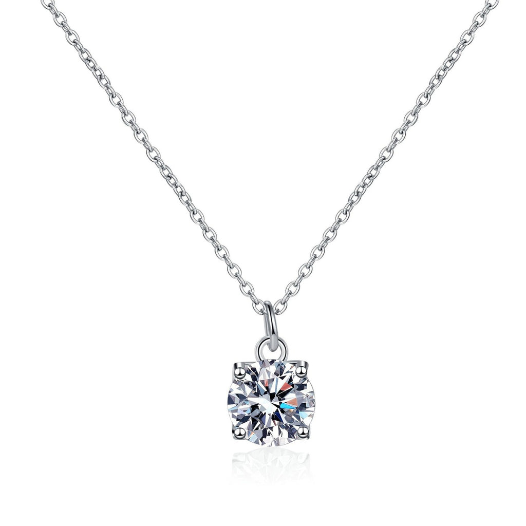 Round Solitaire Moissanite Pendant Necklace in Rhodium-Plated S925 sterling silver white background product photo showing minimal round solitaire pendant with a 6.5mm moissanite center