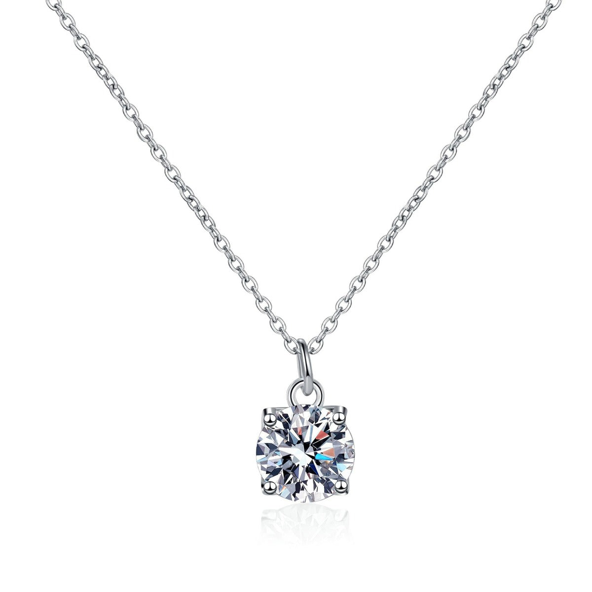 Round Solitaire Moissanite Pendant Necklace in Rhodium-Plated S925 sterling silver white background product photo showing minimal round solitaire pendant with a 6.5mm moissanite center