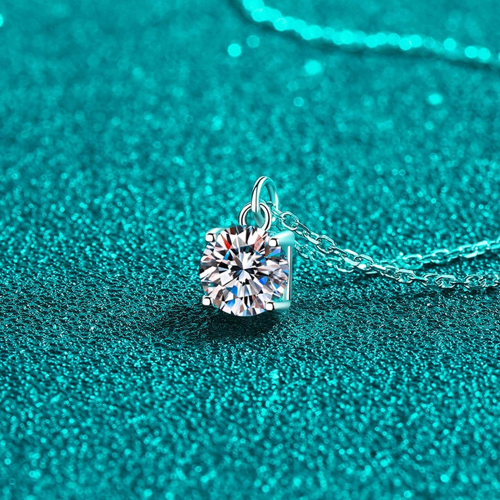 Round Solitaire Moissanite Pendant Necklace in Rhodium-Plated S925 sterling silver close-up product scene showing pendant setting