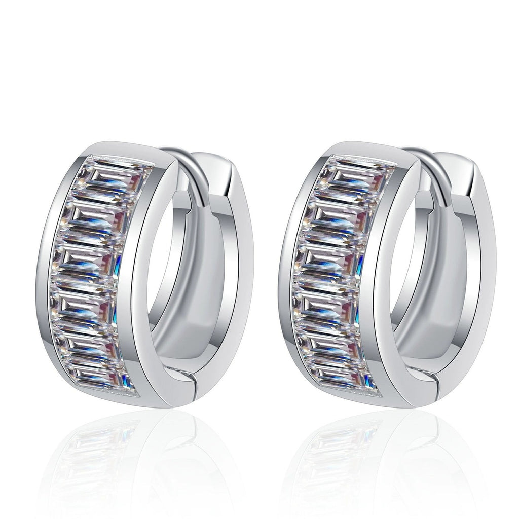 Emerald Cut Moissanite Huggie Hoop Earrings in Rhodium-Plated S925 sterling silver white background product photo showing the pair, stone shape, and huggie hoop earrings silhouette