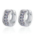 Emerald Cut Moissanite Huggie Hoop Earrings in Rhodium-Plated S925 sterling silver white background product photo showing the pair, stone shape, and huggie hoop earrings silhouette