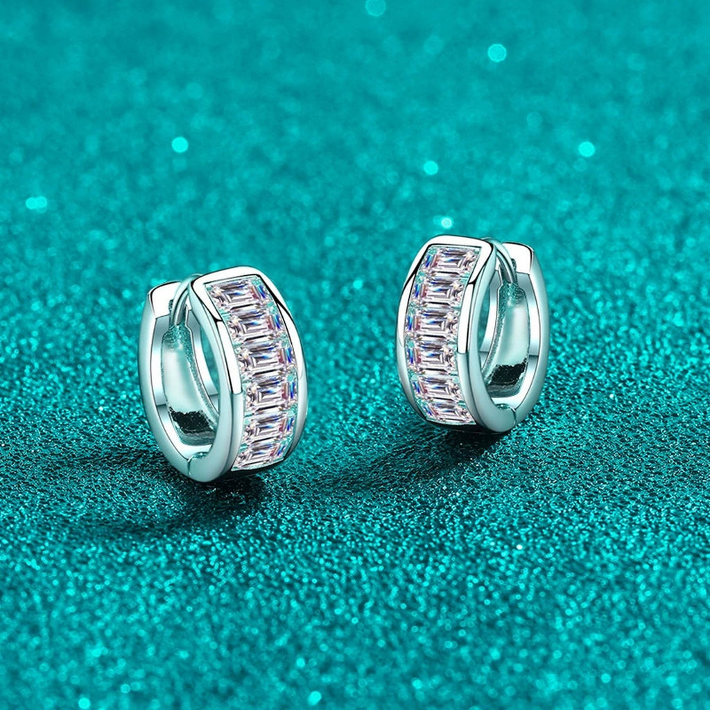 Emerald Cut Moissanite Huggie Hoop Earrings in Rhodium-Plated S925 sterling silver product scene view showing side profile