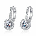 Round Moissanite Hoop Drop Earrings with CZ in Rhodium-Plated S925 sterling silver white background product photo showing the pair, stone shape, and hoop drop earrings silhouette