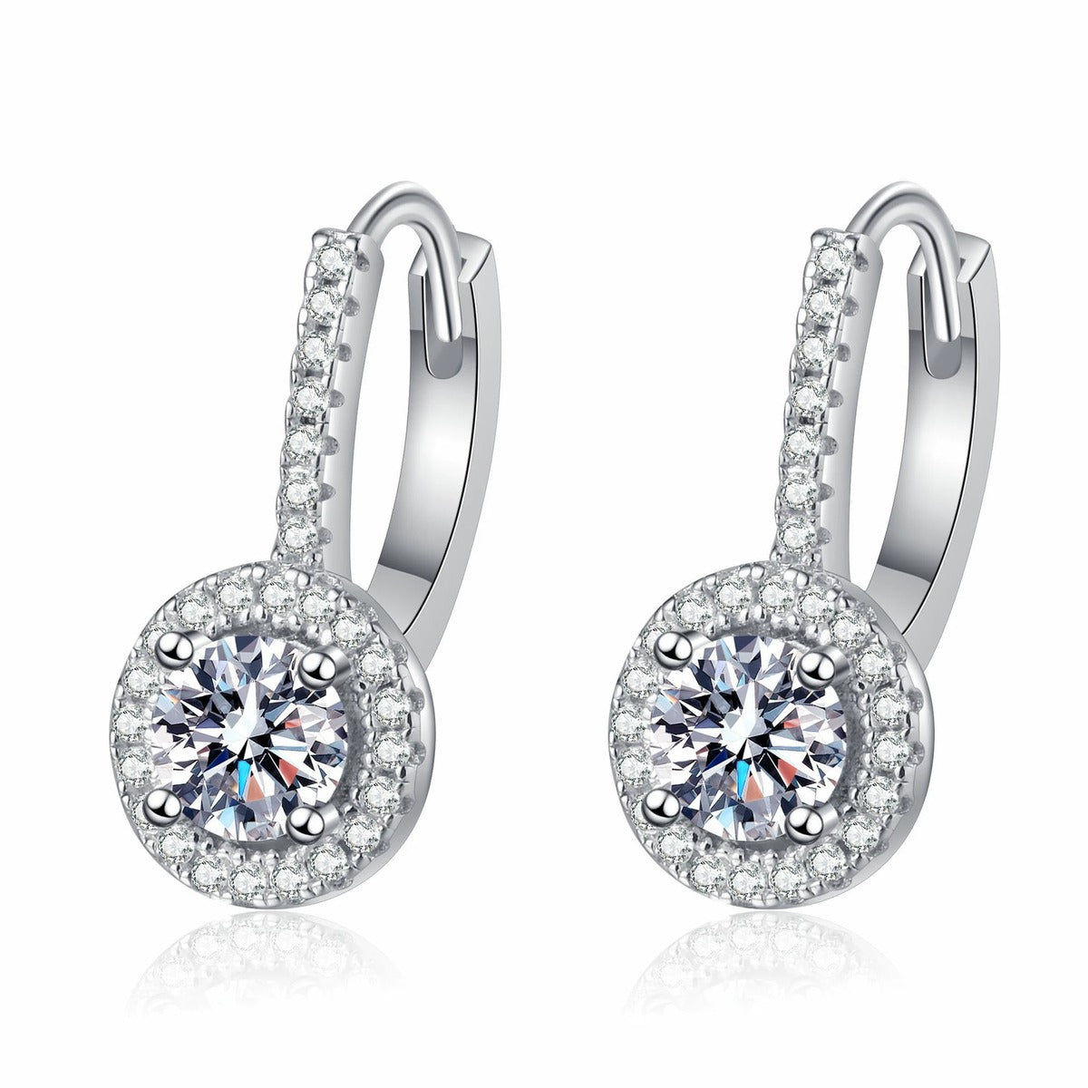 Round Moissanite Hoop Drop Earrings with CZ in Rhodium-Plated S925 sterling silver white background product photo showing the pair, stone shape, and hoop drop earrings silhouette