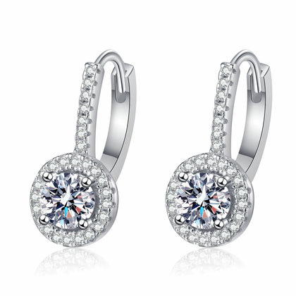 Round Moissanite Hoop Drop Earrings with CZ in Rhodium-Plated S925 sterling silver white background product photo showing the pair, stone shape, and hoop drop earrings silhouette