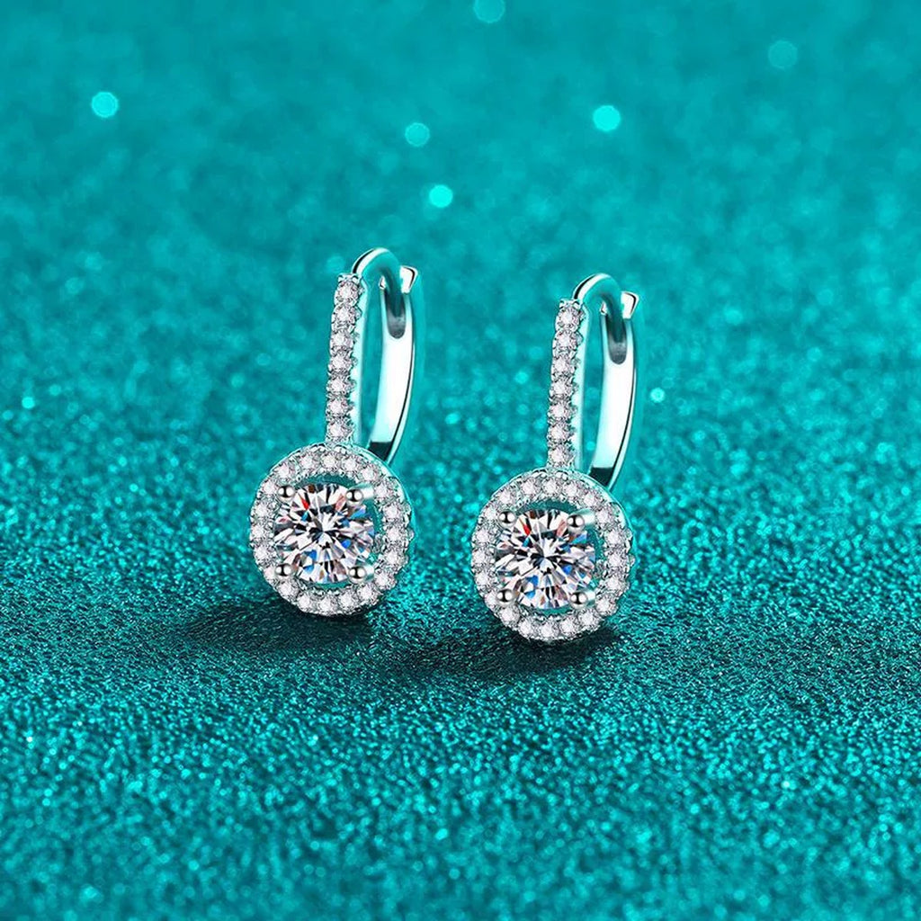 Round Moissanite Hoop Drop Earrings with CZ in Rhodium-Plated S925 sterling silver product scene view showing front sparkle