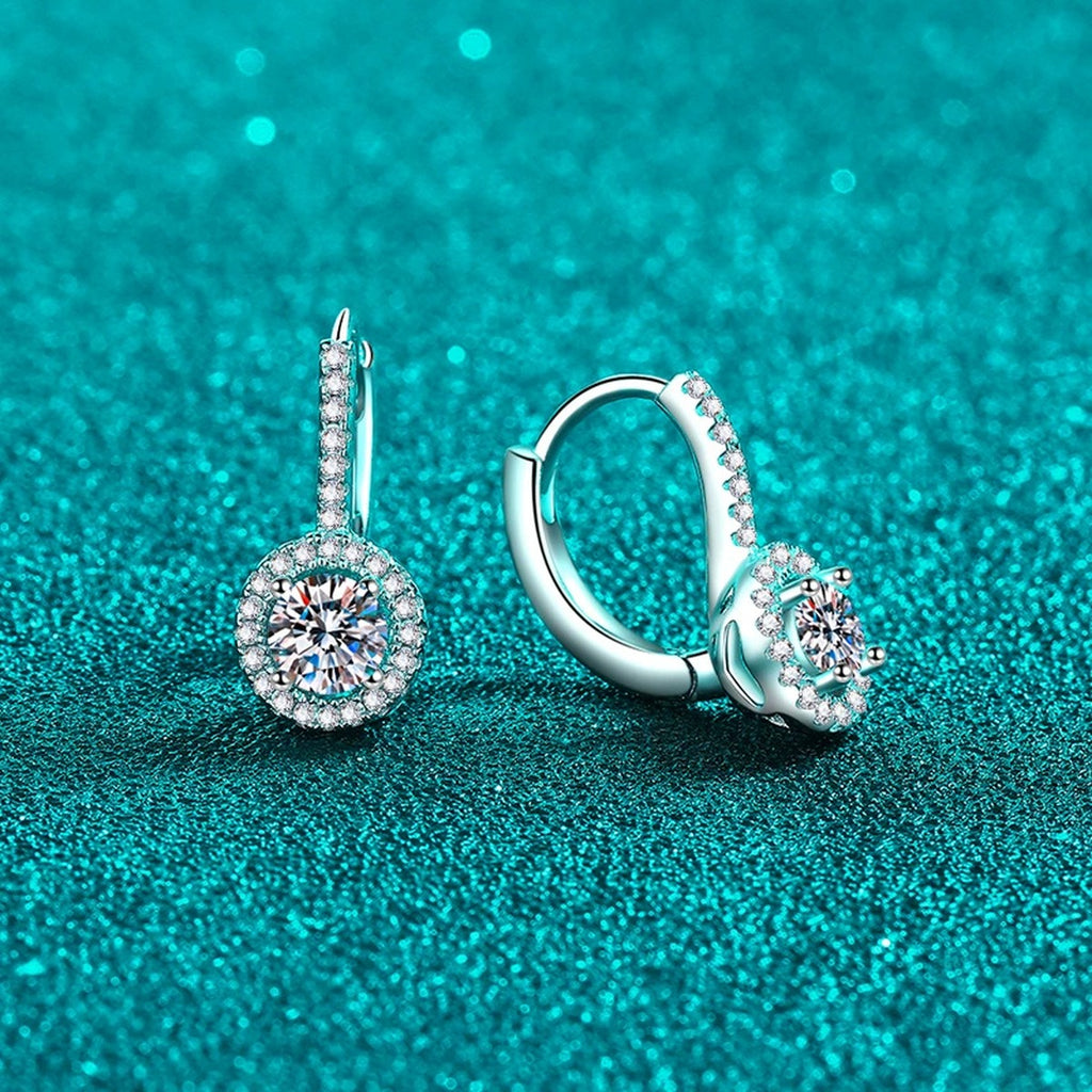 Round Moissanite Hoop Drop Earrings with CZ in Rhodium-Plated S925 sterling silver product scene view showing angled setting detail