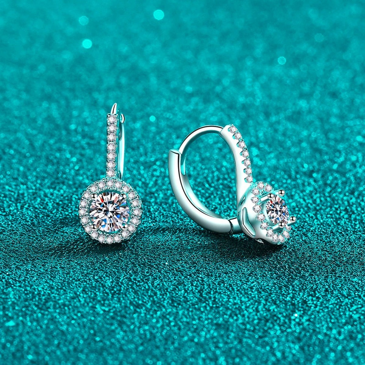 Round Moissanite Hoop Drop Earrings with CZ in Rhodium-Plated S925 sterling silver product scene view showing angled setting detail