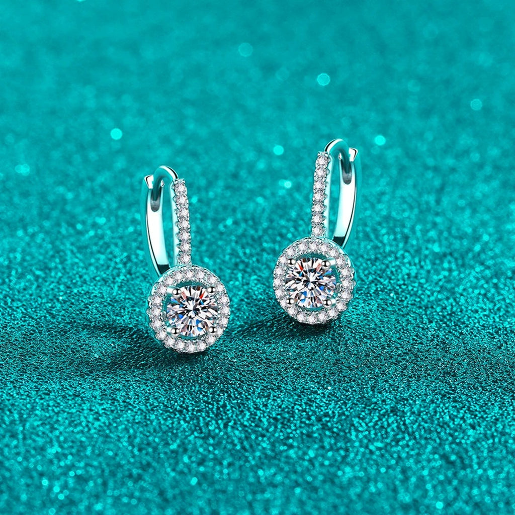 Round Moissanite Hoop Drop Earrings with CZ in Rhodium-Plated S925 sterling silver product scene view showing side profile