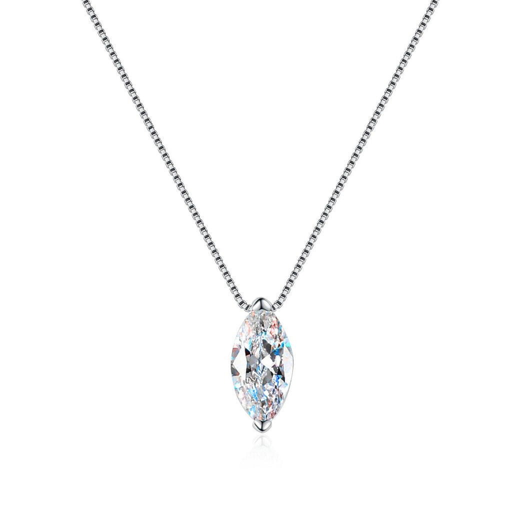 Marquise Solitaire Moissanite Pendant Necklace in Rhodium-Plated S925 sterling silver white background product photo showing marquise cut solitaire pendant with an elongated moissanite center