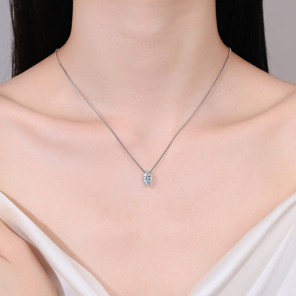 Marquise Solitaire Moissanite Pendant Necklace in Rhodium-Plated S925 sterling silver neckline model view showing pendant scale and adjustable chain