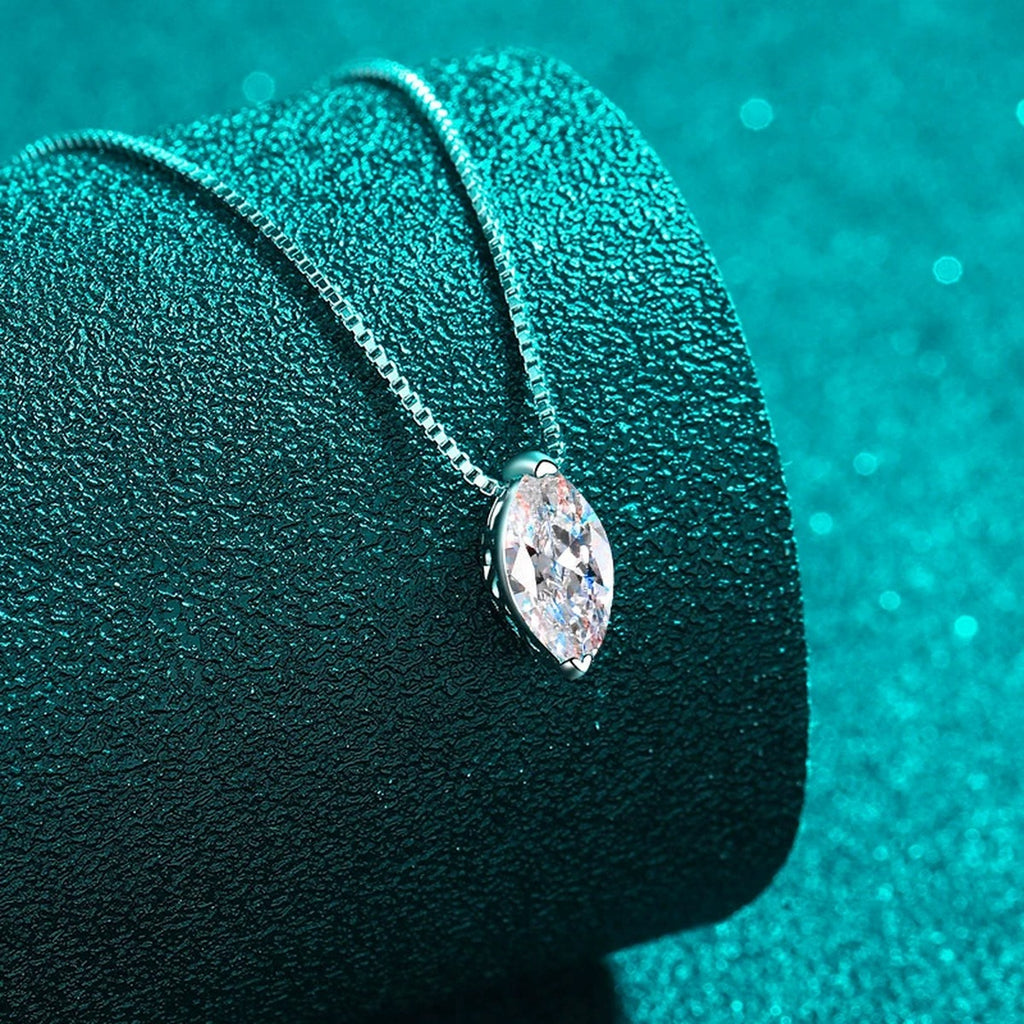 Marquise Solitaire Moissanite Pendant Necklace in Rhodium-Plated S925 sterling silver close-up product scene showing pendant setting