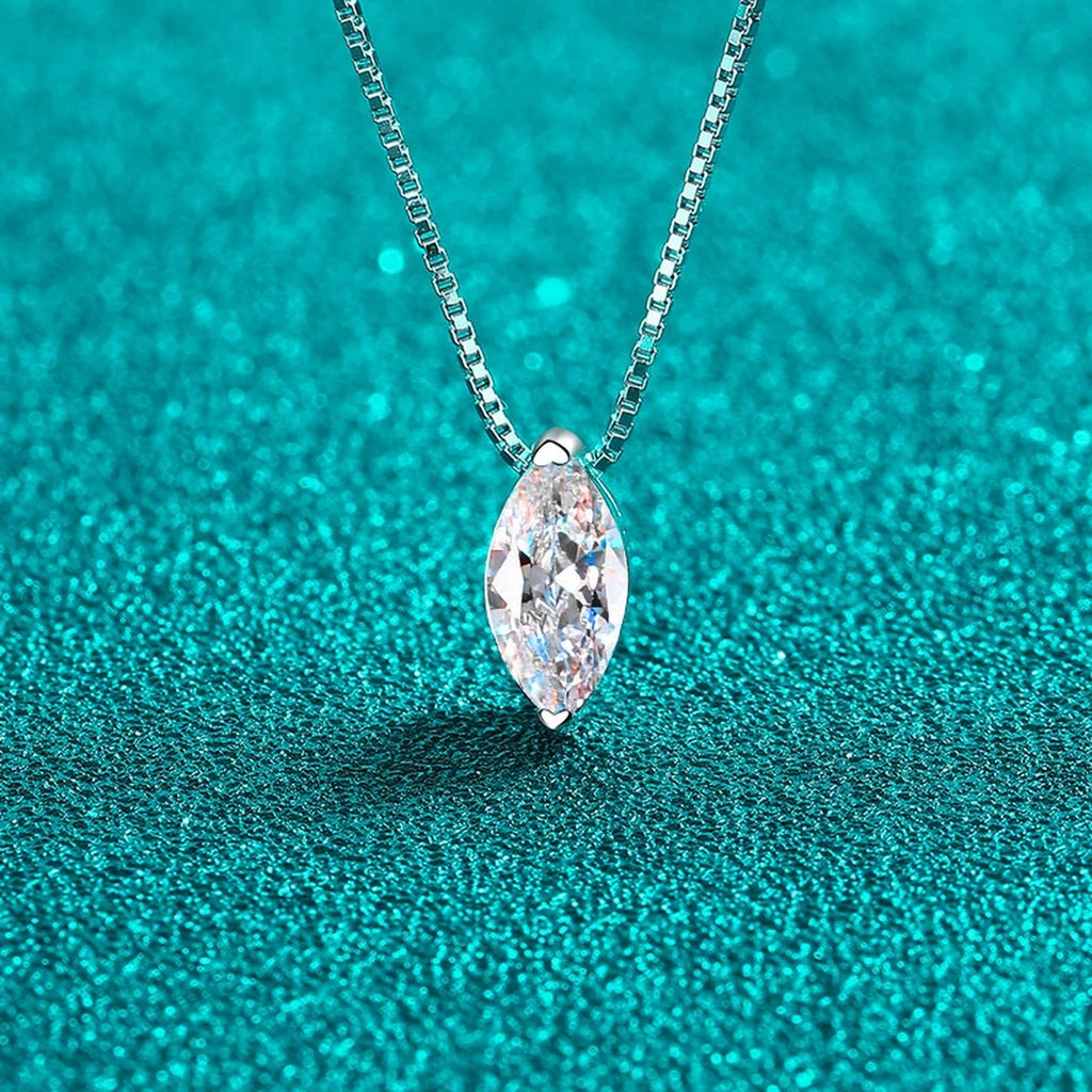 Marquise Solitaire Moissanite Pendant Necklace in Rhodium-Plated S925 sterling silver angled product detail view