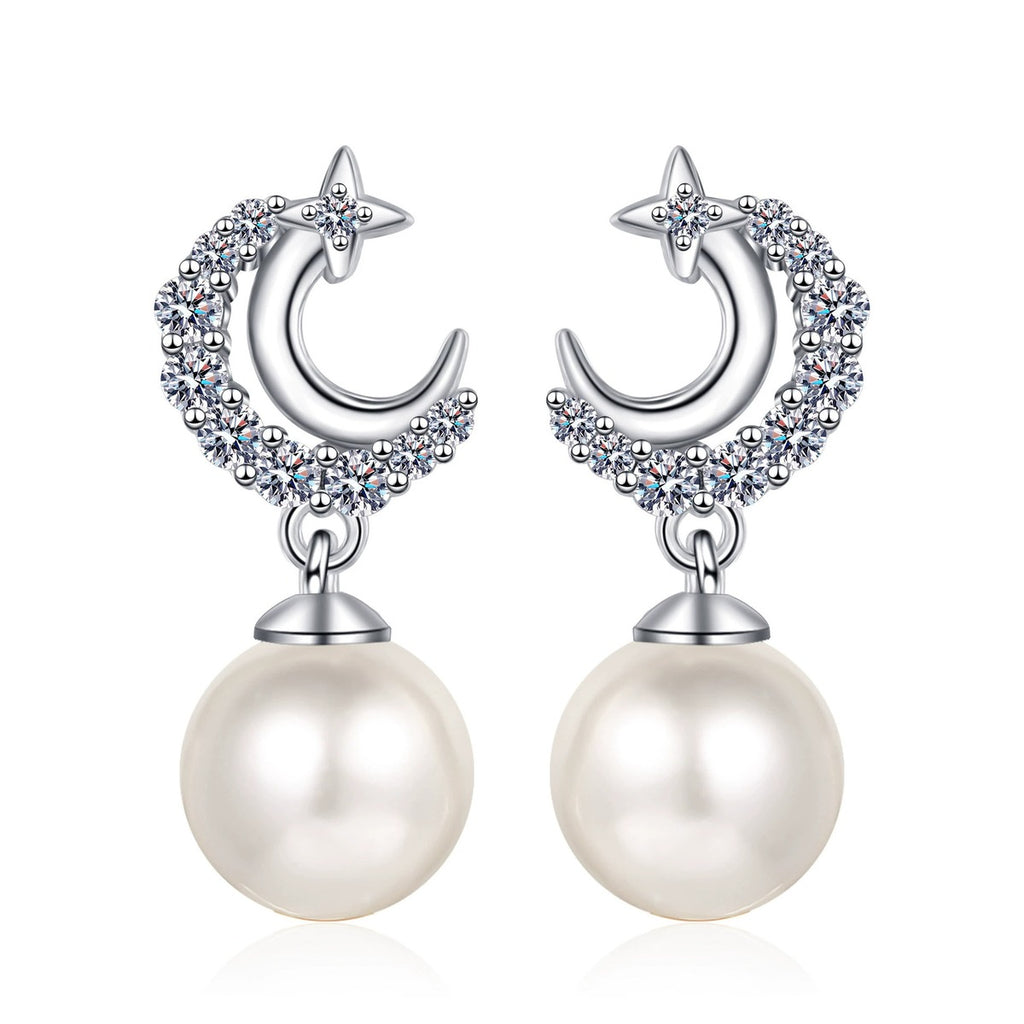 Crescent Star Pearl Moissanite Stud Dangle Earrings in Rhodium-Plated S925 sterling silver on white background showing the full pair, pearl and moissanite detail, and stud dangle earrings silhouette