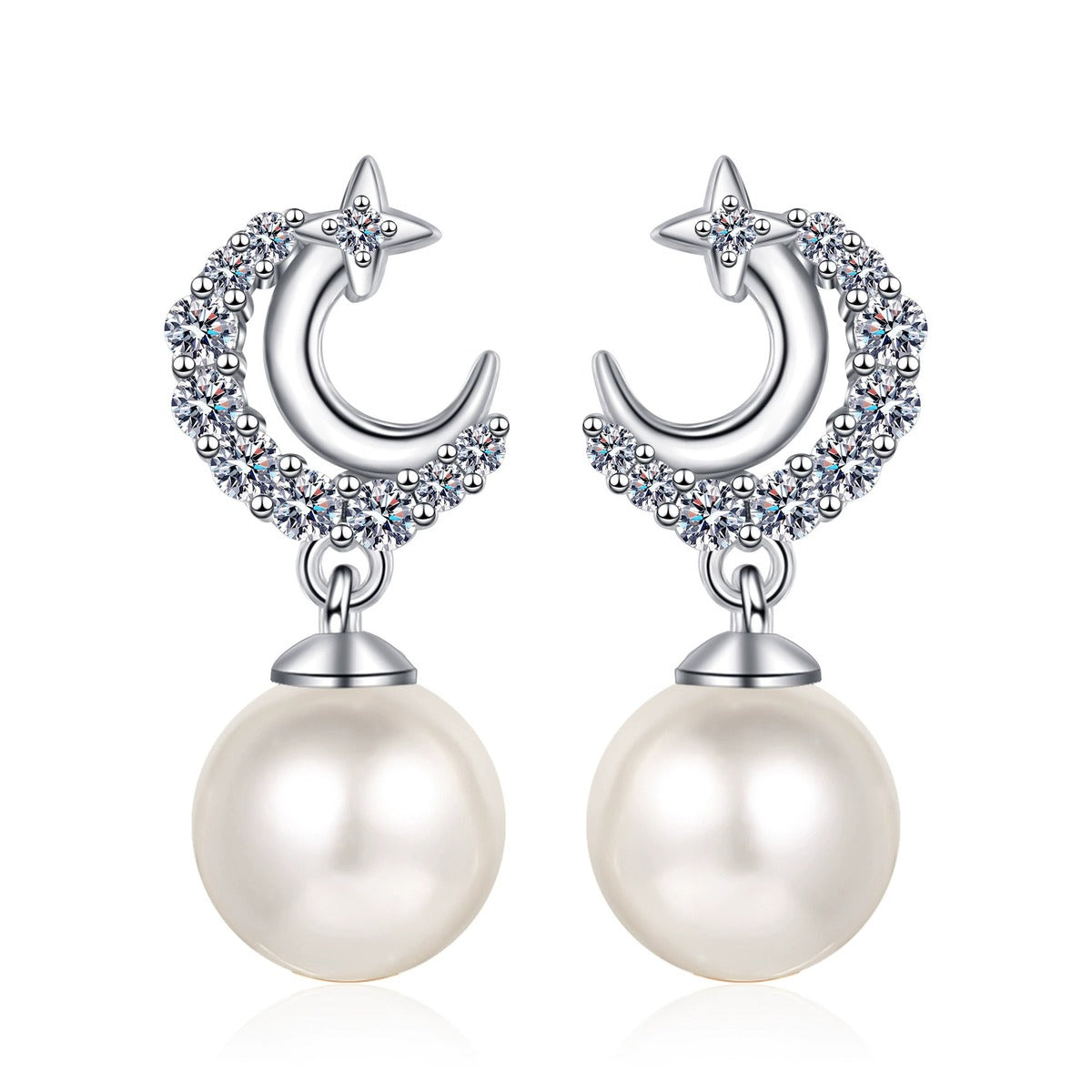 Crescent Star Pearl Moissanite Stud Dangle Earrings in Rhodium-Plated S925 sterling silver on white background showing the full pair, pearl and moissanite detail, and stud dangle earrings silhouette