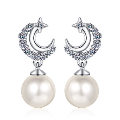 Crescent Star Pearl Moissanite Stud Dangle Earrings in Rhodium-Plated S925 sterling silver on white background showing the full pair, pearl and moissanite detail, and stud dangle earrings silhouette