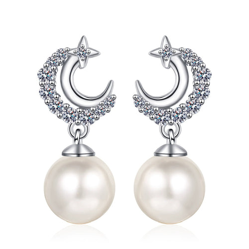Crescent Star Pearl Moissanite Stud Dangle Earrings in Rhodium-Plated S925 sterling silver on white background showing the full pair, pearl and moissanite detail, and stud dangle earrings silhouette
