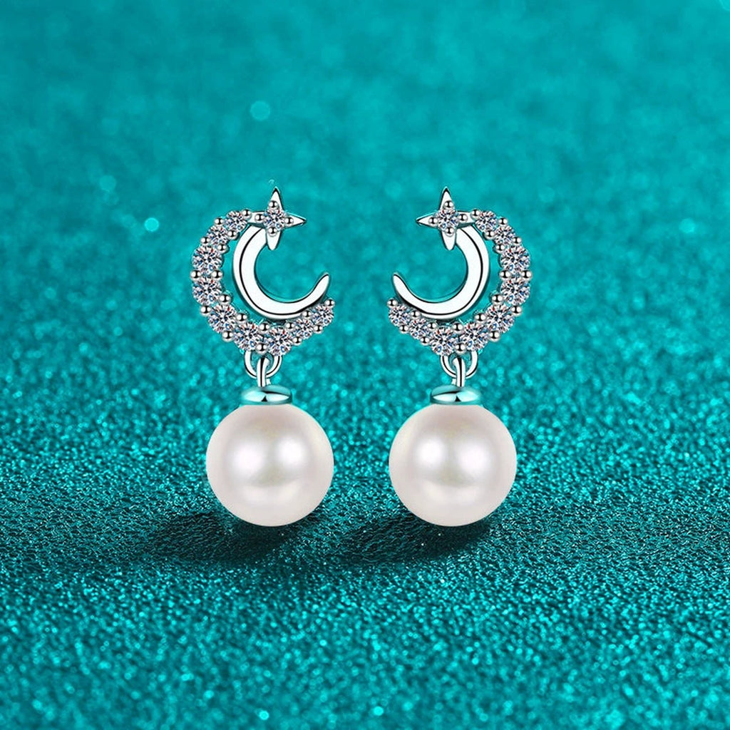 Crescent Star Pearl Moissanite Stud Dangle Earrings in Rhodium-Plated S925 sterling silver product scene view showing front detail