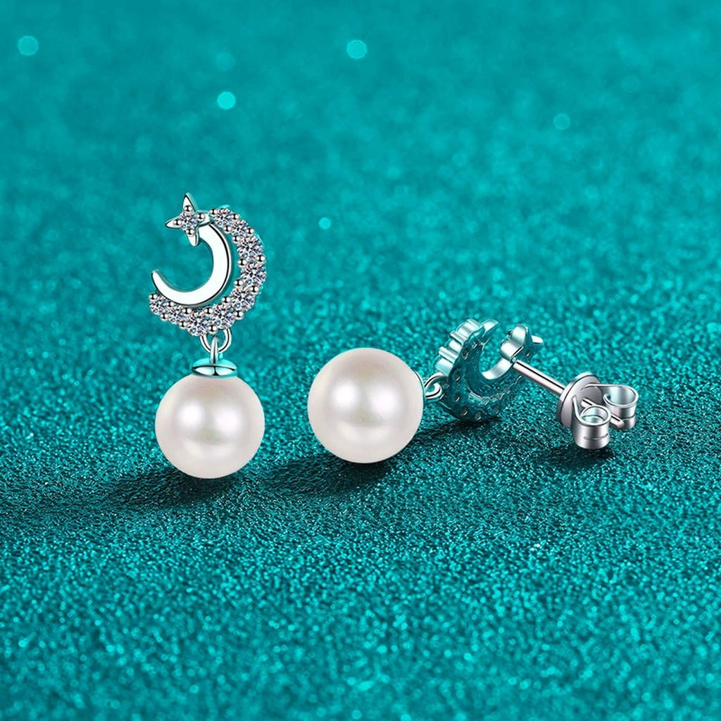 Crescent Star Pearl Moissanite Stud Dangle Earrings in Rhodium-Plated S925 sterling silver product scene view showing angled setting detail