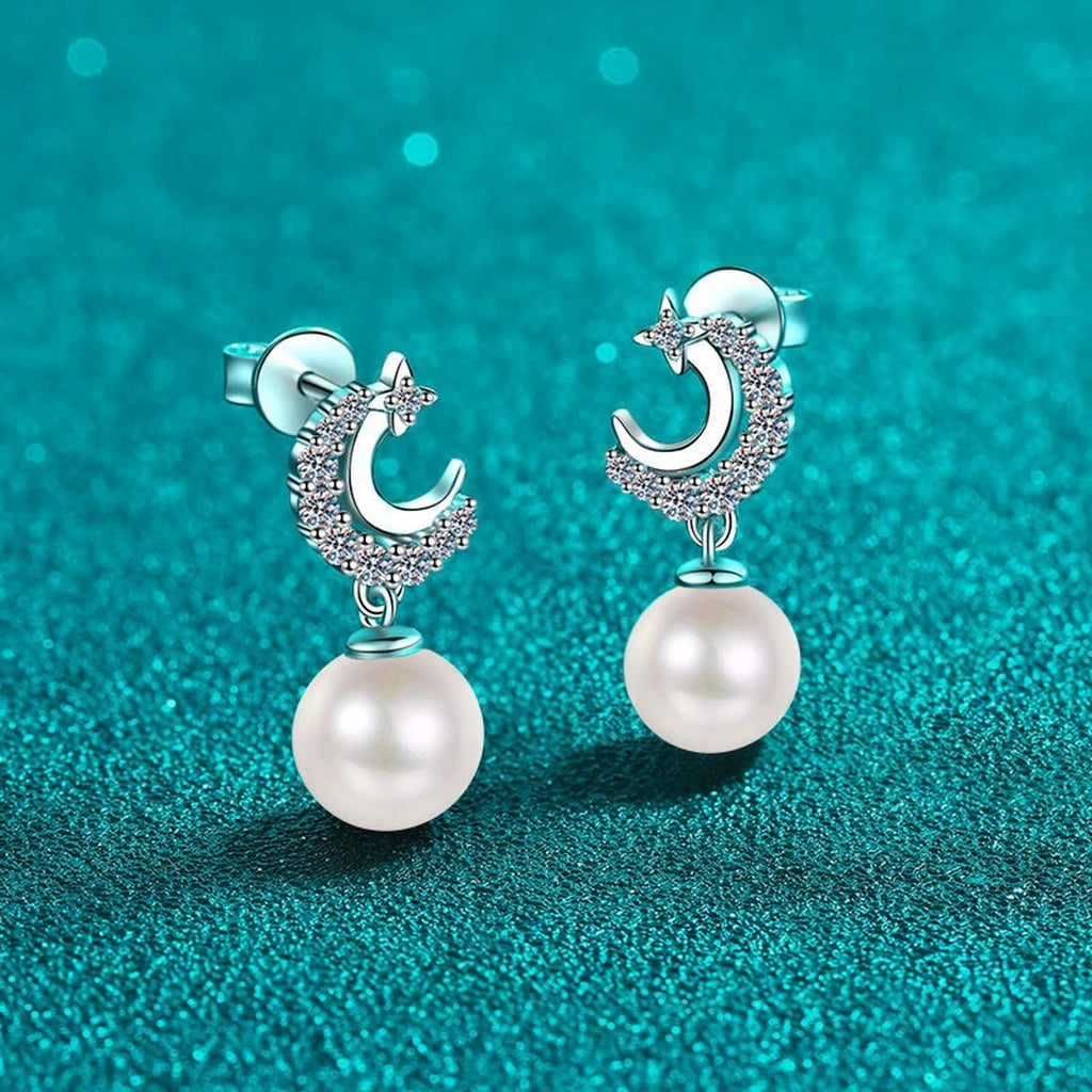 Crescent Star Pearl Moissanite Stud Dangle Earrings in Rhodium-Plated S925 sterling silver product scene view showing side profile