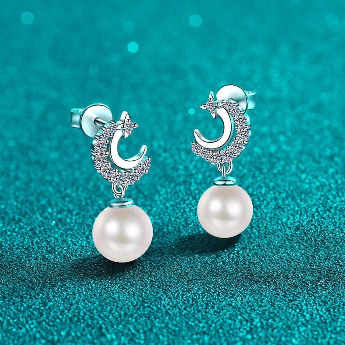 Crescent Star Pearl Moissanite Stud Dangle Earrings in Rhodium-Plated S925 sterling silver product scene view showing side profile
