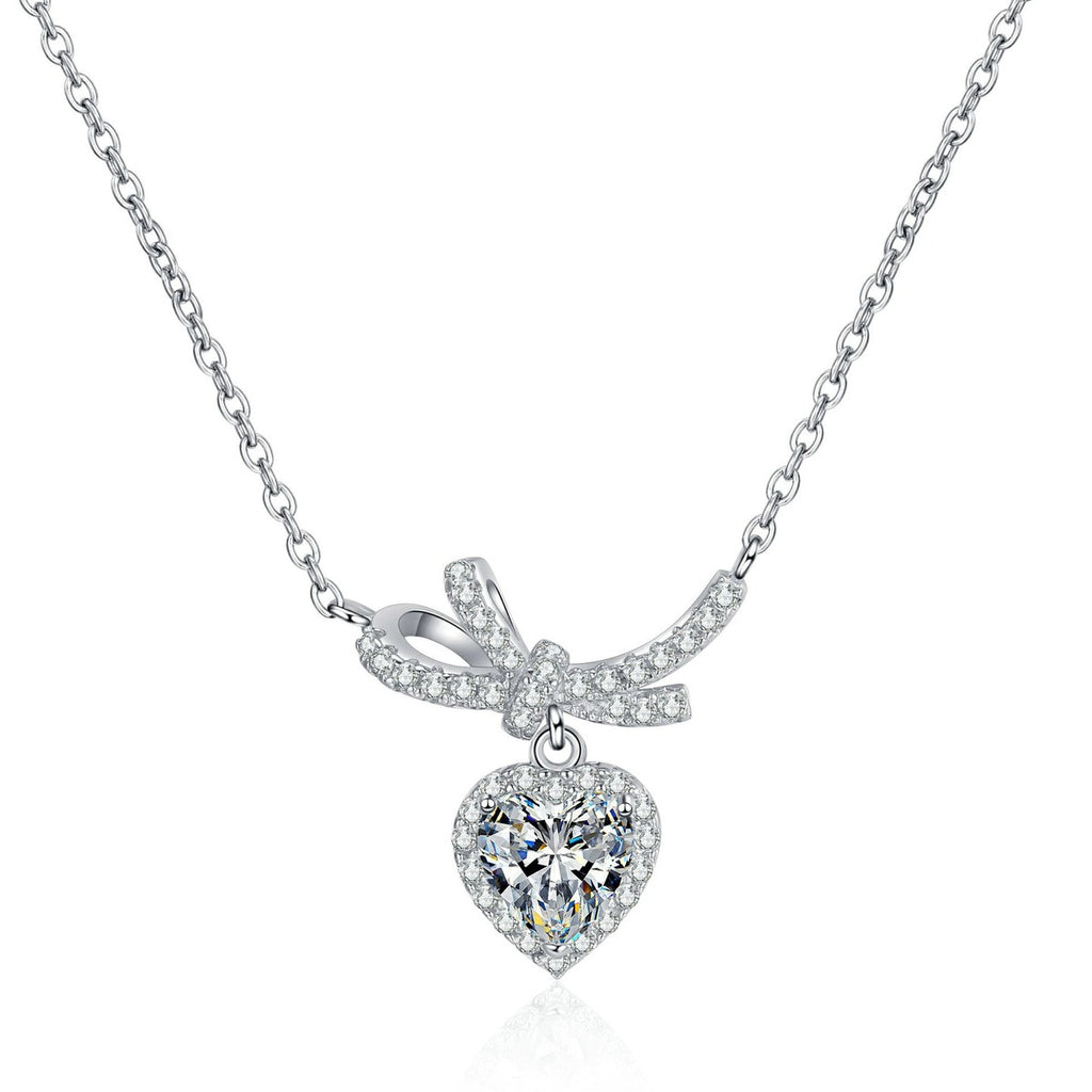 Heart Bow Moissanite Pendant Necklace with CZ in Rhodium-Plated S925 sterling silver white background product photo showing heart pendant with bow-like accents and a round moissanite center