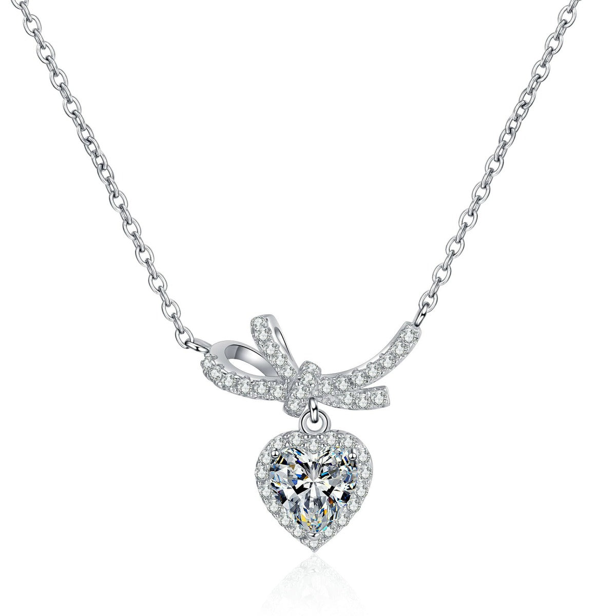 Heart Bow Moissanite Pendant Necklace with CZ in Rhodium-Plated S925 sterling silver white background product photo showing heart pendant with bow-like accents and a round moissanite center