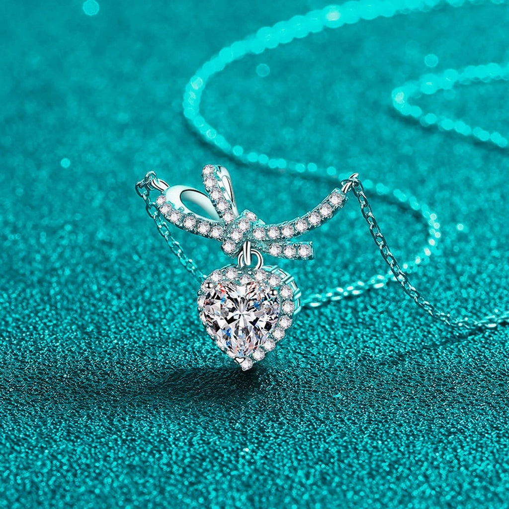 Heart Bow Moissanite Pendant Necklace with CZ in Rhodium-Plated S925 sterling silver angled product detail view