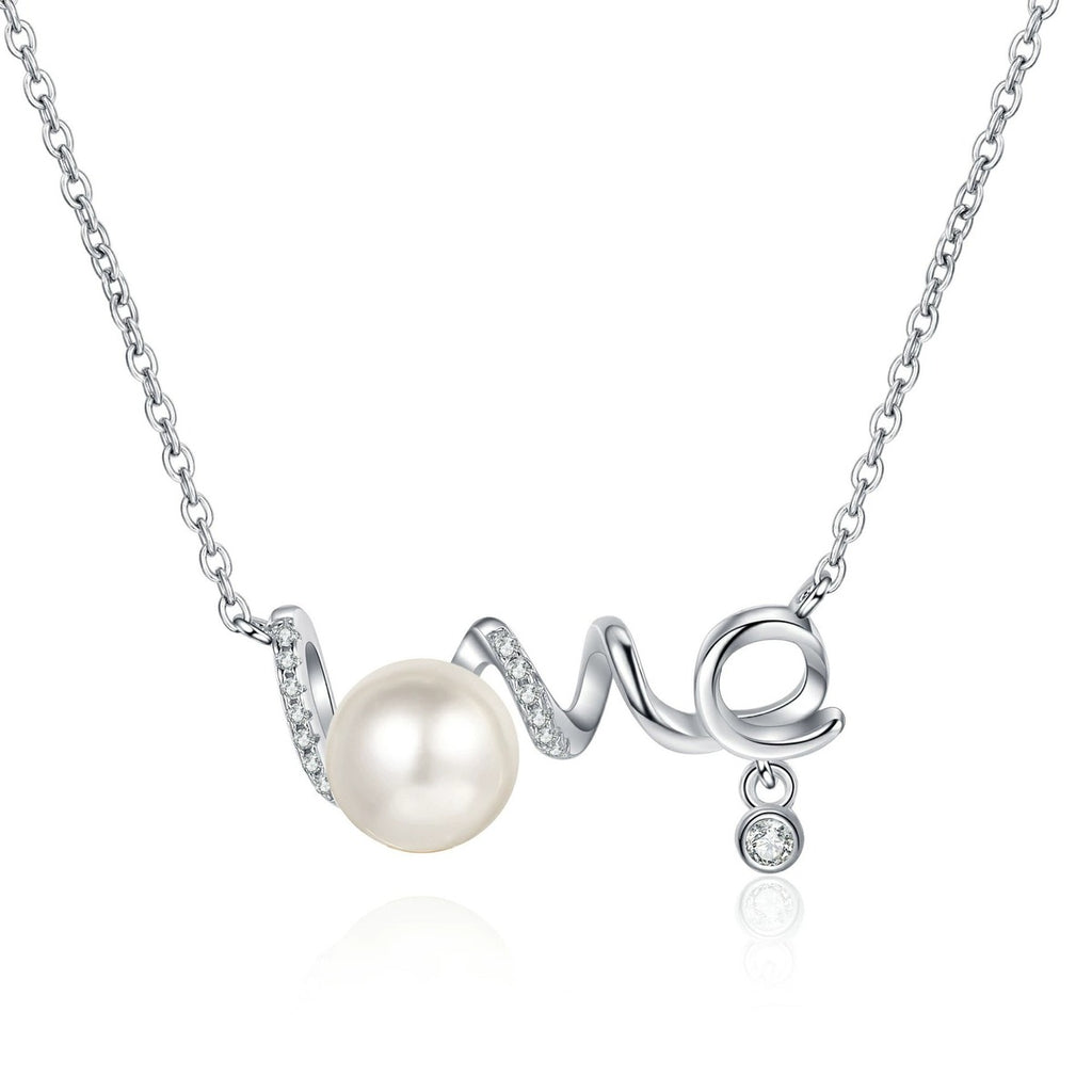 Love Moissanite Pearl Necklace in Rhodium-Plated S925 sterling silver white background product photo showing lOVE script pearl necklace with round moissanite accents