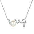 Love Moissanite Pearl Necklace in Rhodium-Plated S925 sterling silver white background product photo showing lOVE script pearl necklace with round moissanite accents