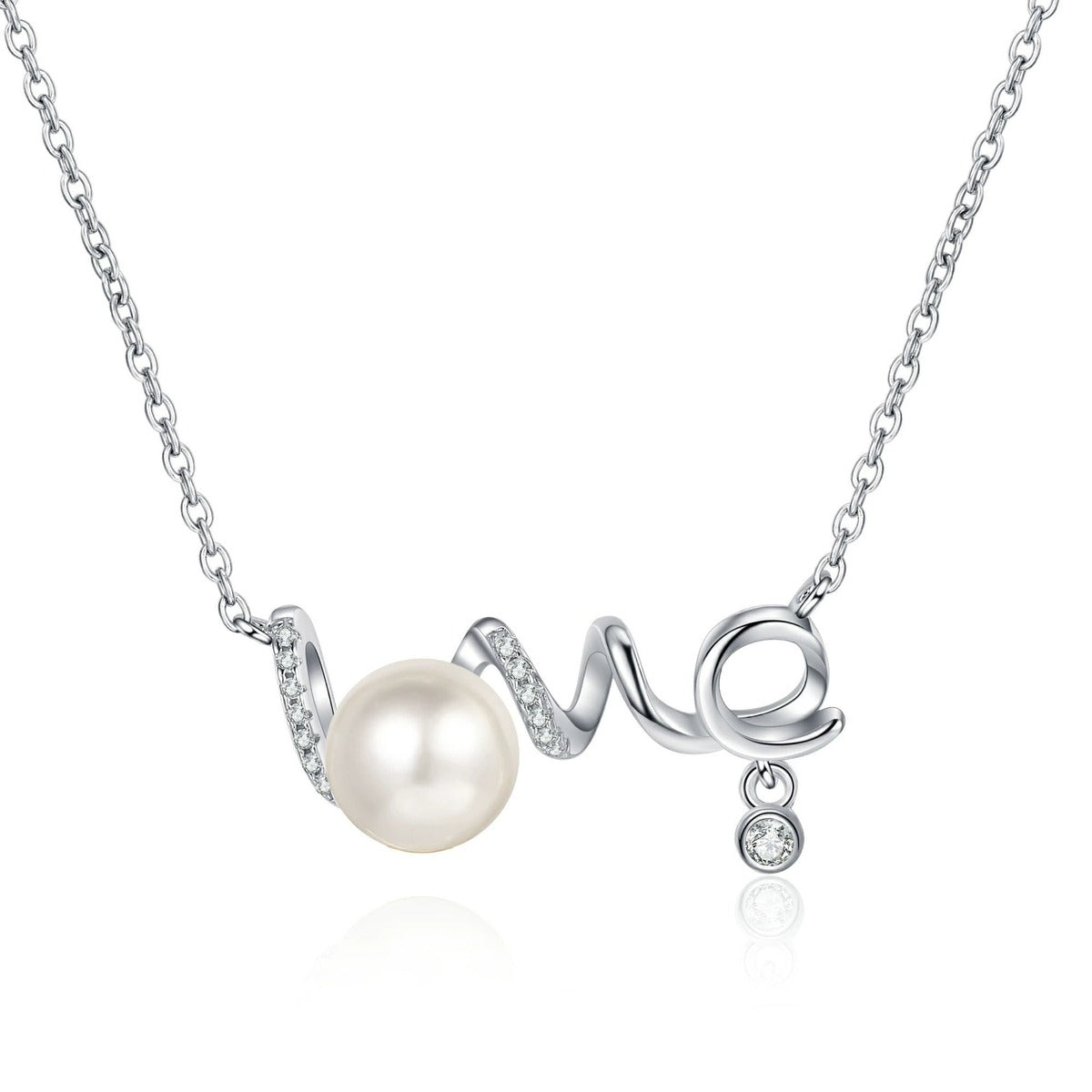 Love Moissanite Pearl Necklace in Rhodium-Plated S925 sterling silver white background product photo showing lOVE script pearl necklace with round moissanite accents