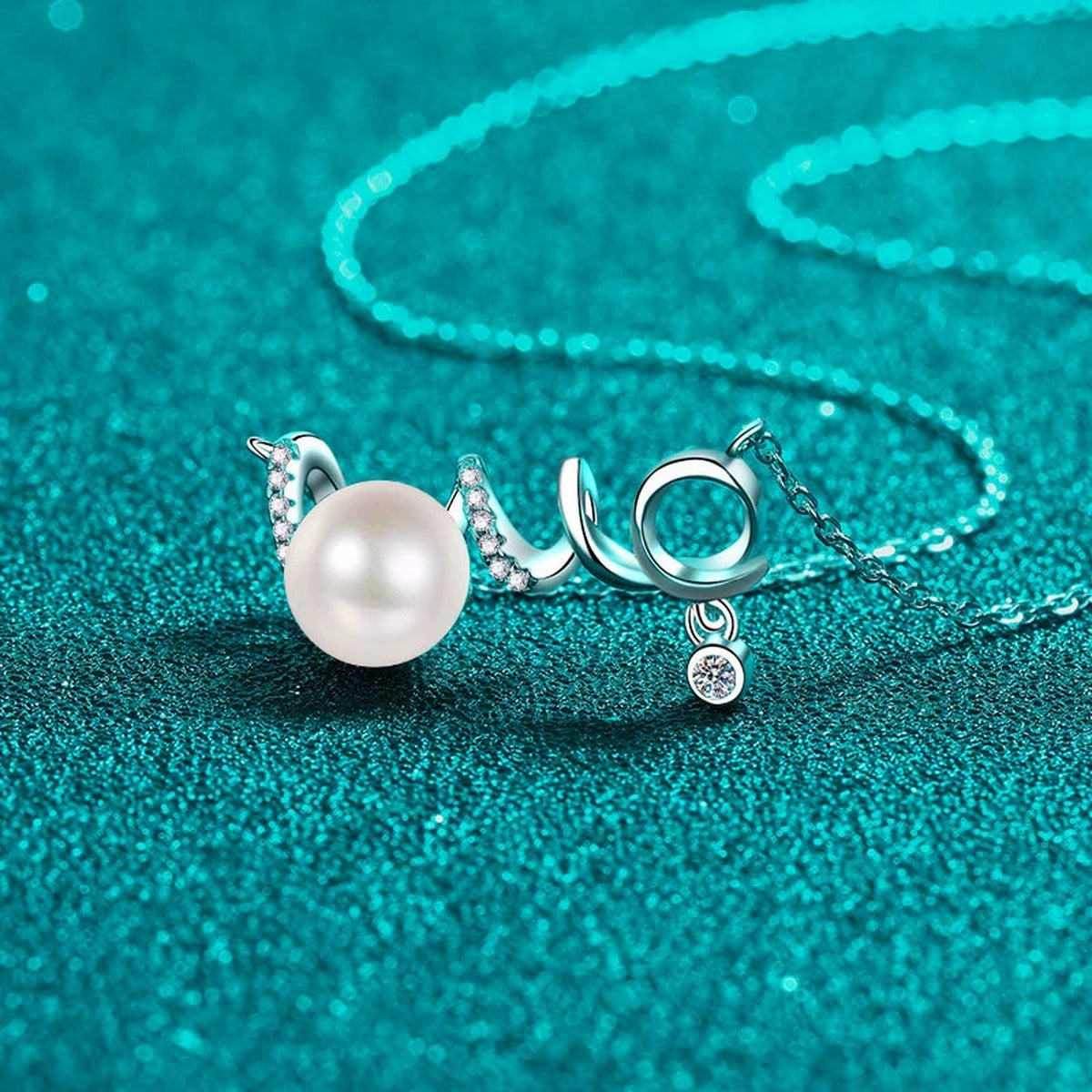 Love Moissanite Pearl Necklace in Rhodium-Plated S925 sterling silver close-up product scene showing pendant setting
