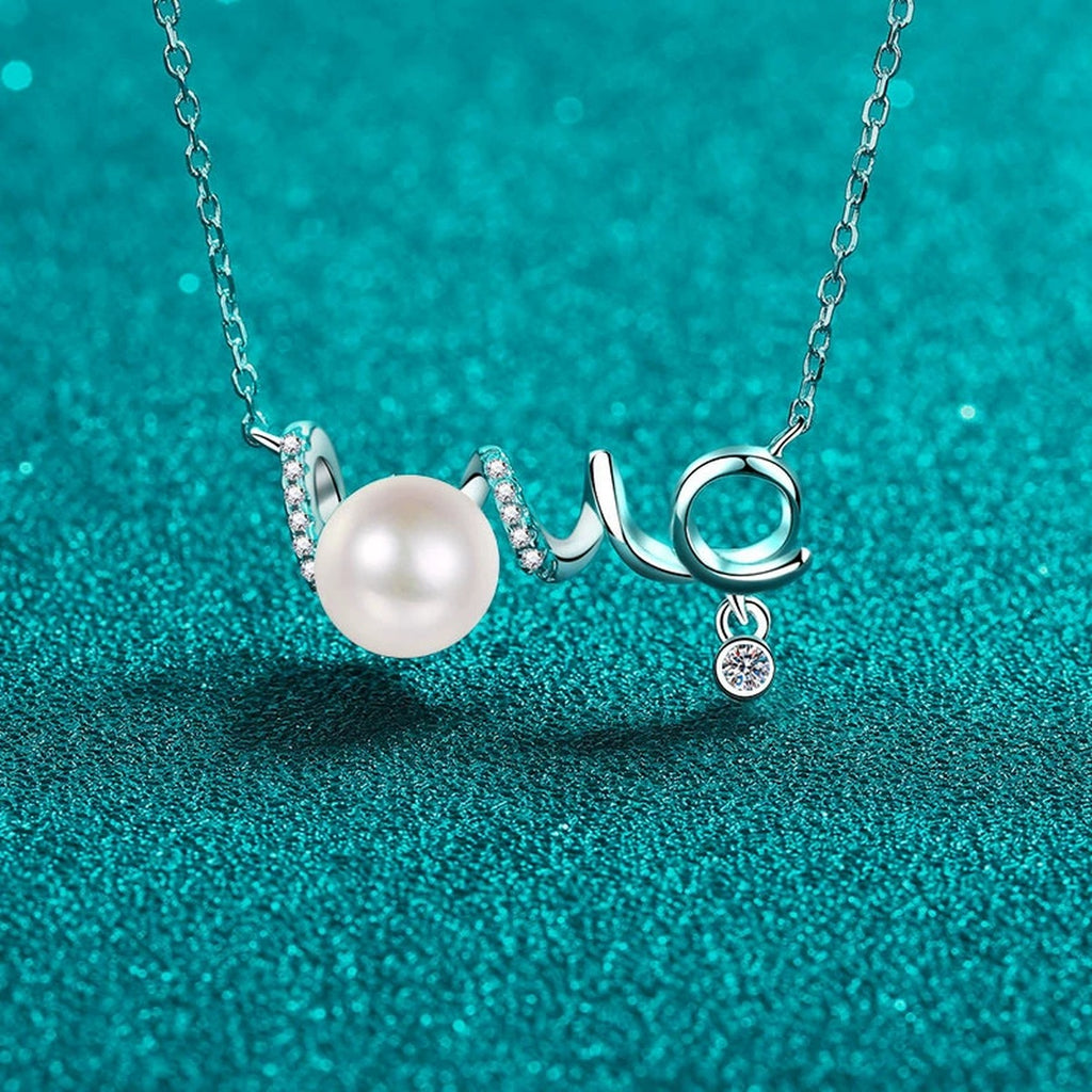 Love Moissanite Pearl Necklace in Rhodium-Plated S925 sterling silver blue display scene showing chain and stone layout