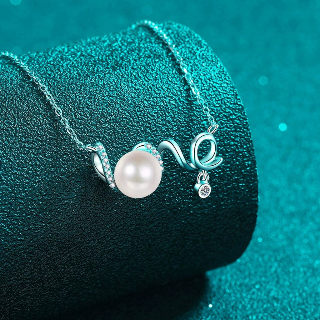 Love Moissanite Pearl Necklace in Rhodium-Plated S925 sterling silver angled product detail view