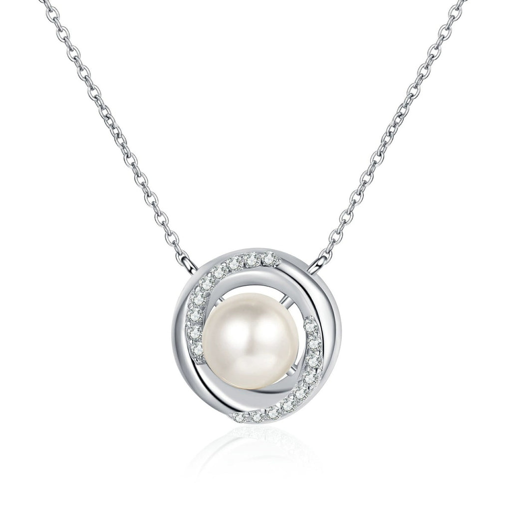 Circle Halo Moissanite Pearl Necklace in Rhodium-Plated S925 sterling silver white background product photo showing circle halo pearl pendant with small round moissanite accents