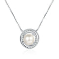 Circle Halo Moissanite Pearl Necklace in Rhodium-Plated S925 sterling silver white background product photo showing circle halo pearl pendant with small round moissanite accents