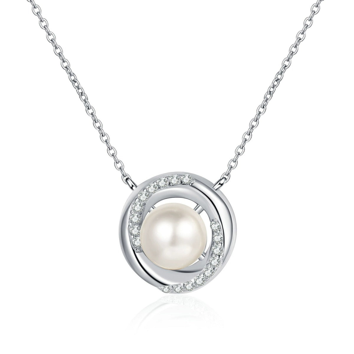 Circle Halo Moissanite Pearl Necklace in Rhodium-Plated S925 sterling silver white background product photo showing circle halo pearl pendant with small round moissanite accents