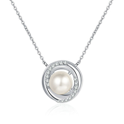 Circle Halo Moissanite Pearl Necklace in Rhodium-Plated S925 sterling silver white background product photo showing circle halo pearl pendant with small round moissanite accents