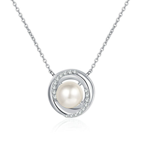 Circle Halo Moissanite Pearl Necklace in Rhodium-Plated S925 sterling silver white background product photo showing circle halo pearl pendant with small round moissanite accents