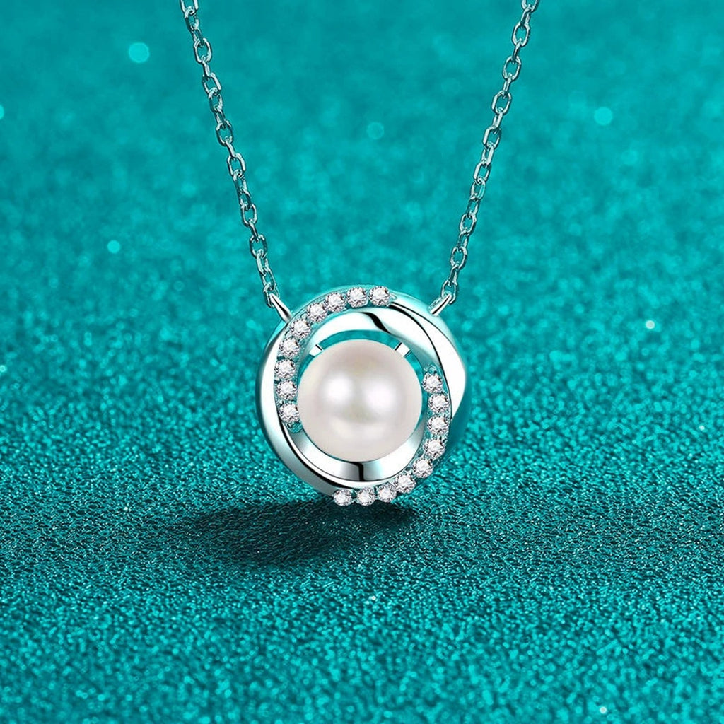 Circle Halo Moissanite Pearl Necklace in Rhodium-Plated S925 sterling silver close-up product scene showing pendant setting