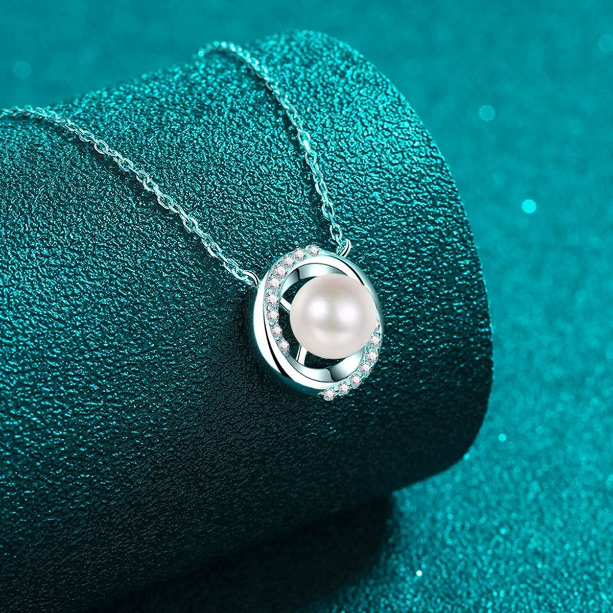 Circle Halo Moissanite Pearl Necklace in Rhodium-Plated S925 sterling silver angled product detail view