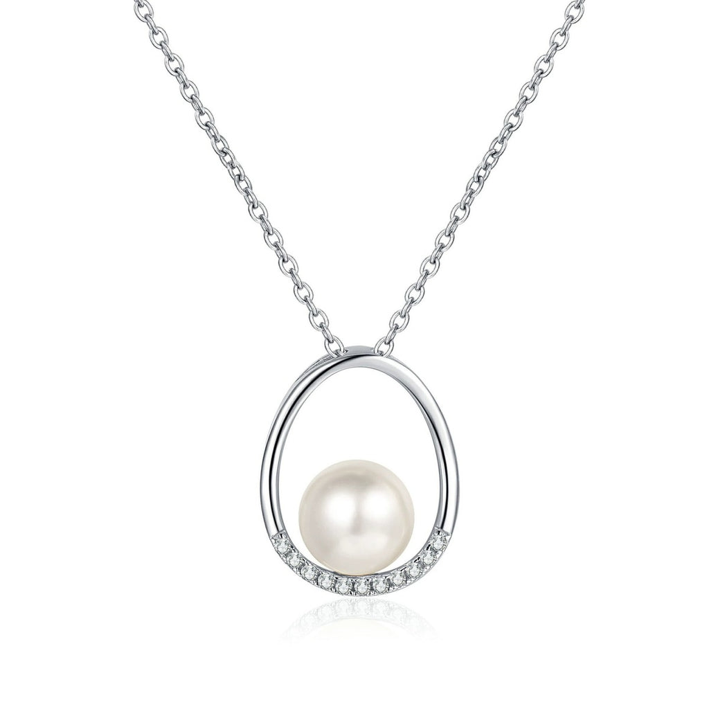 Open Teardrop Moissanite Pearl Necklace in Rhodium-Plated S925 sterling silver white background product photo showing open teardrop pearl pendant with small round moissanite trim