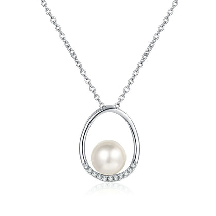Open Teardrop Moissanite Pearl Necklace in Rhodium-Plated S925 sterling silver white background product photo showing open teardrop pearl pendant with small round moissanite trim