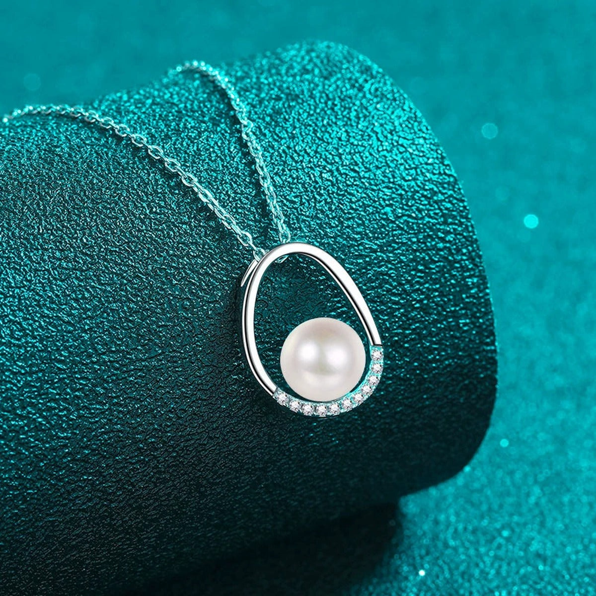 Open Teardrop Moissanite Pearl Necklace in Rhodium-Plated S925 sterling silver angled product detail view